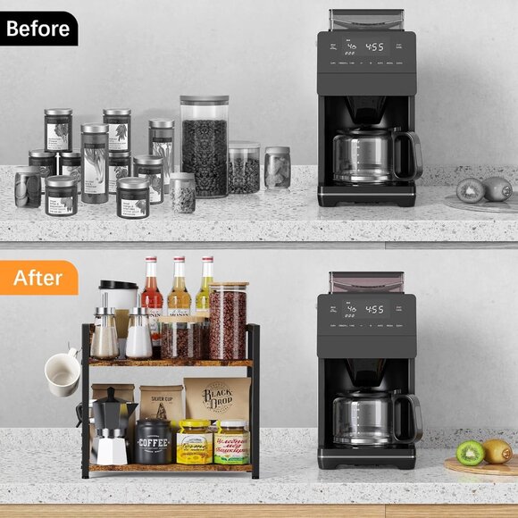 New 2-Tier Kitchen Counter Shelf Organizer, Coffee Bar Station Spice Rack, Brown - Picture 10 of 11